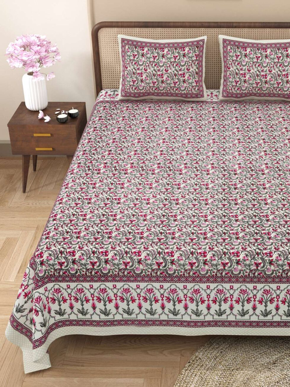 Handmade Indian Cotton Bedsheet with Pillow Covers – Floral Block Print Double Bedspread – Ethnic Boho Bedding from India (BLACKLUXE CRAFTS) - BLACKLUXECRAFTS
