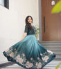 Women’s Elegant Teal & Aqua Ombre Gown with Floral Printed Flair & Embellished Bodice – Perfect for Summer Festivities & Parties (BLACK LUXE CRAFTS)