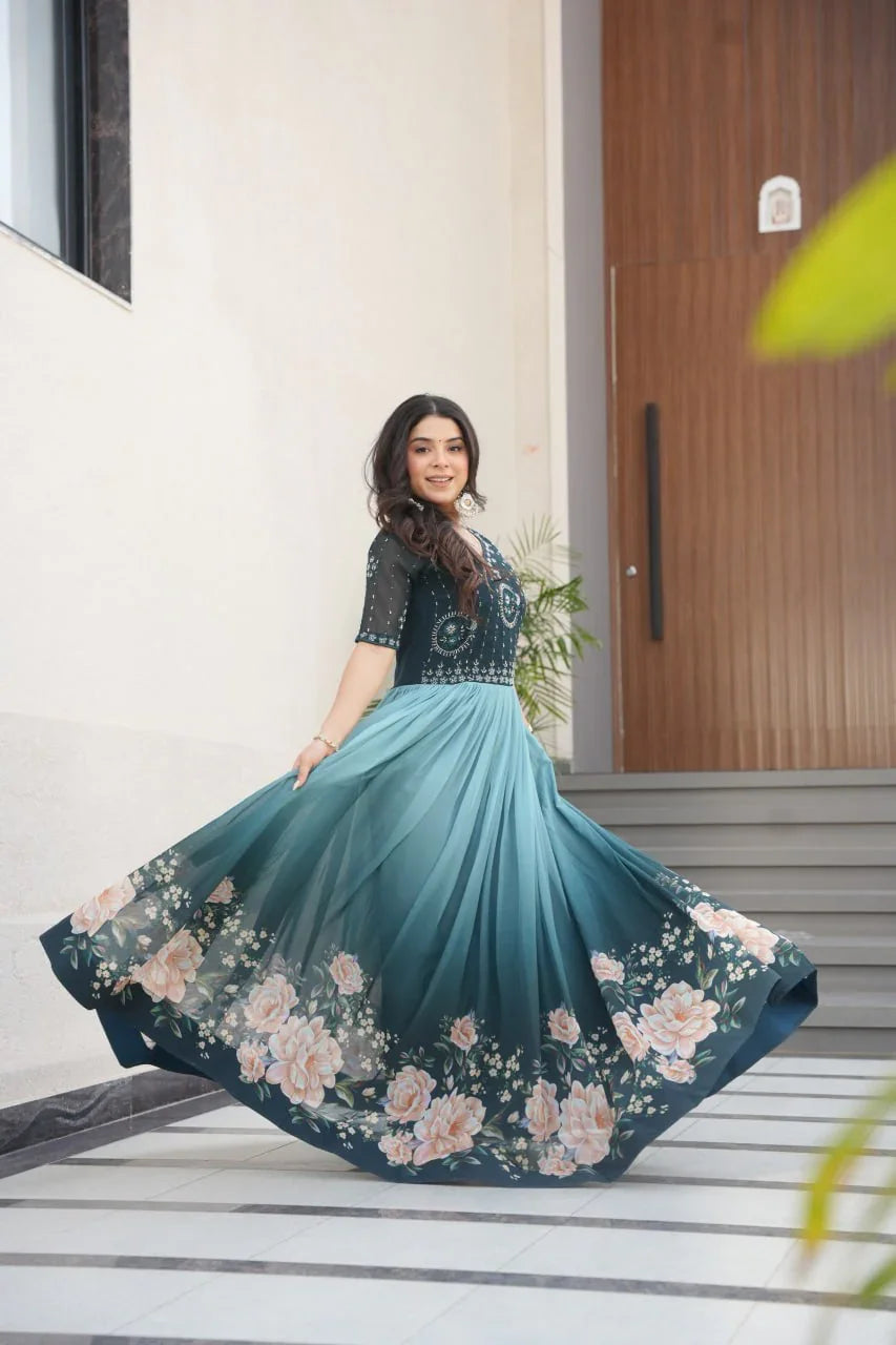 Women’s Elegant Teal & Aqua Ombre Gown with Floral Printed Flair & Embellished Bodice – Perfect for Summer Festivities & Parties (BLACK LUXE CRAFTS)