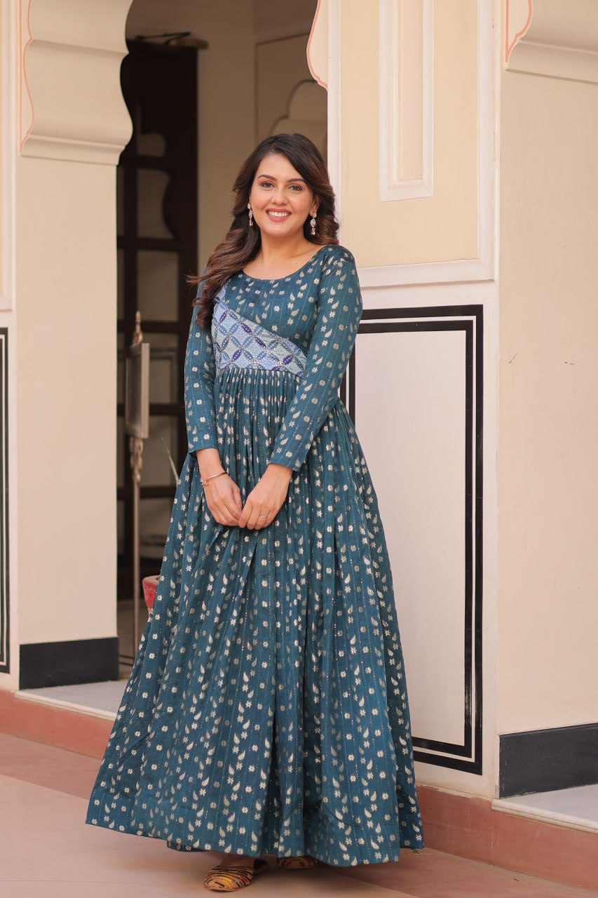 Handmade Indian Anarkali Gown – Maroon Long Maxi Dress with Gold Print | Ethnic Party Wear | Traditional Women’s Outfit from India (BLACKLUXE CRAFTS)