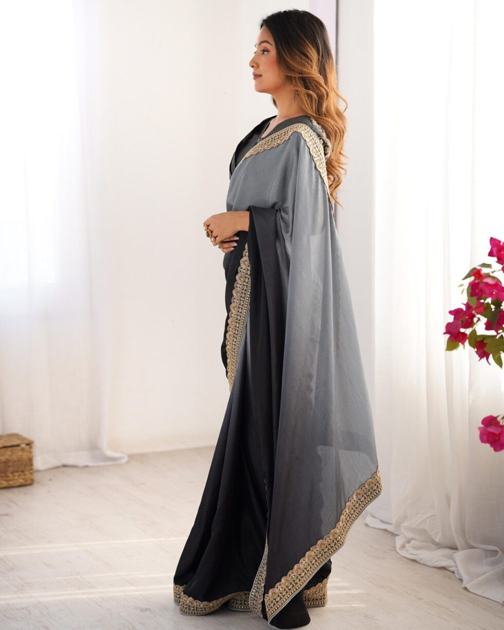 Handmade Black & Grey Saree with Golden Border – Elegant Indian Ethnic Wear – Wedding & Party Wear Saree – Artisan Crafted from India (BLACKLUXE CRAFTS)