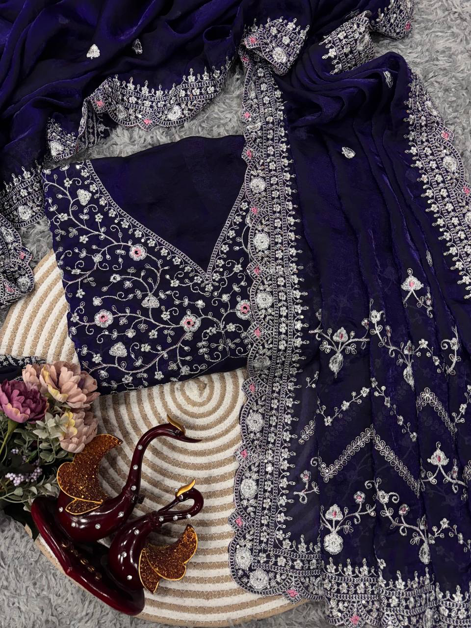 Handmade Indian Navy Blue Embroidered Salwar Sarees | Traditional Ethnic Anarkali Dress with Dupatta – Wedding & Party Wear (BLACKLUXE CRAFTS)