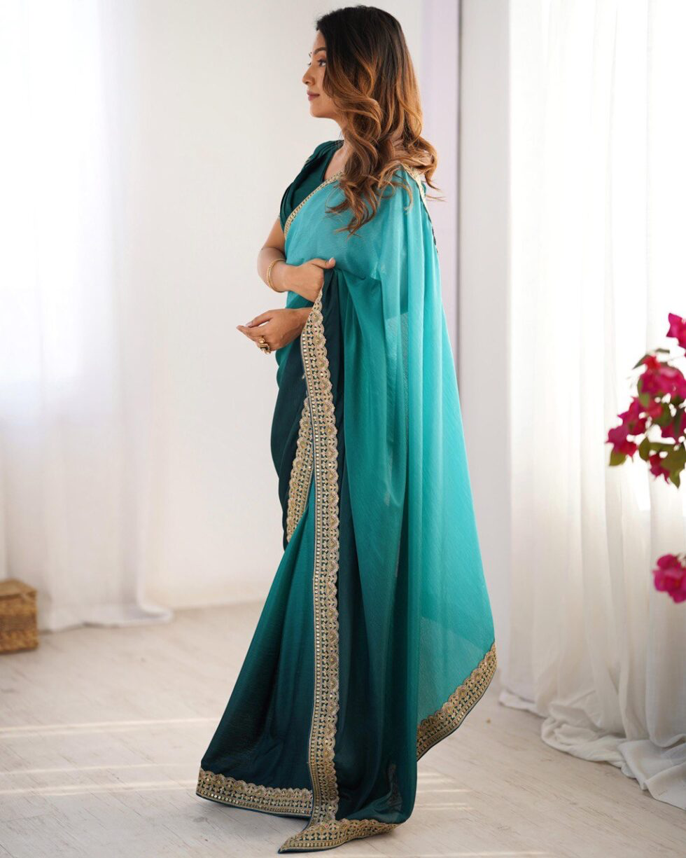 Handmade Teal Green Saree with Golden Border – Traditional Indian Ethnic Wear – Elegant Party & Wedding Saree – Artisan Crafted from India (BLACKLUXE CRAFTS)