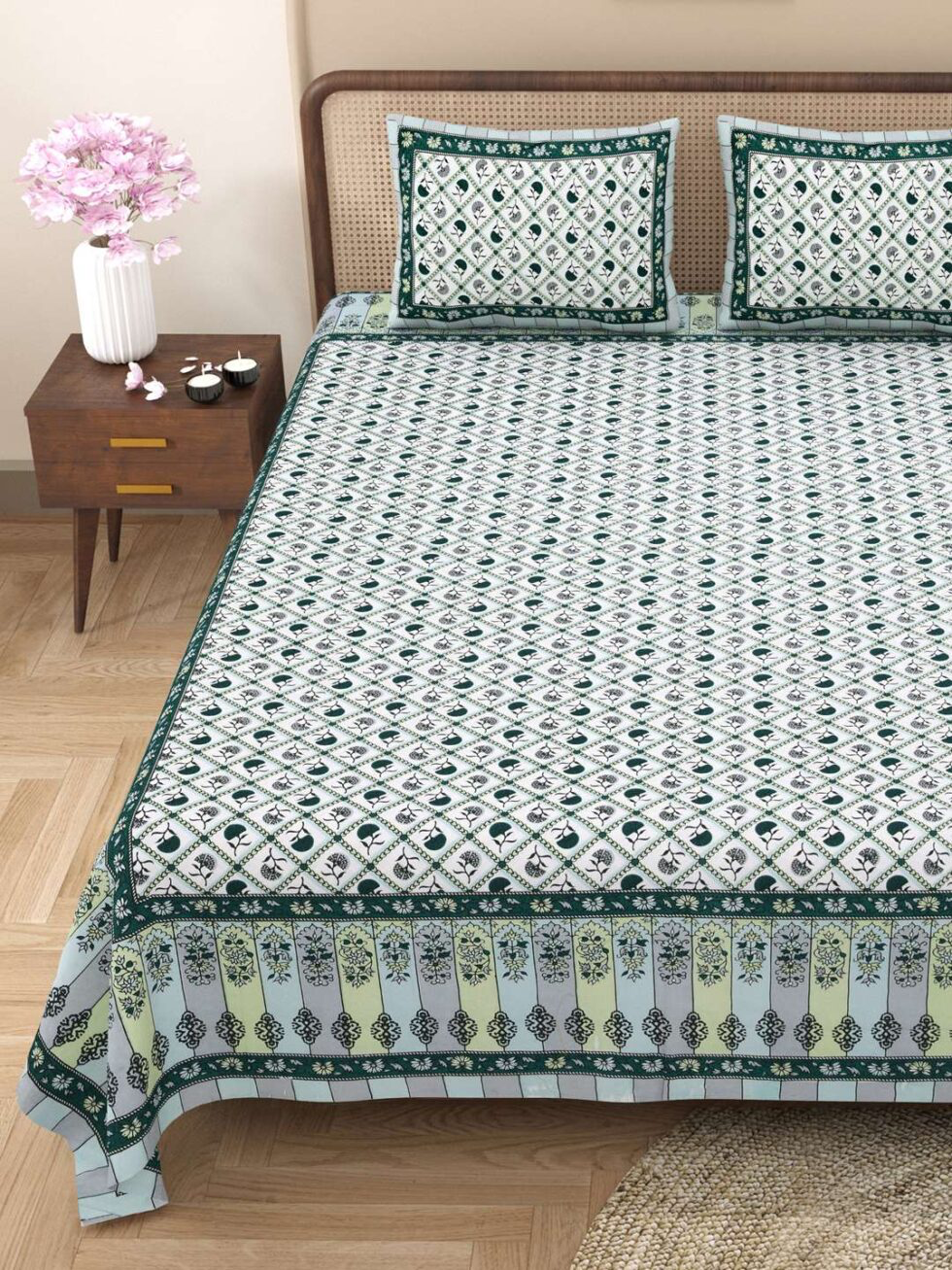 Handmade Cotton Double Bed Sheet with Pillow Covers – Green Floral Block Print | Indian Ethnic Bedding Set (BLACKLUXE CRAFTS) - BLACKLUXECRAFTS