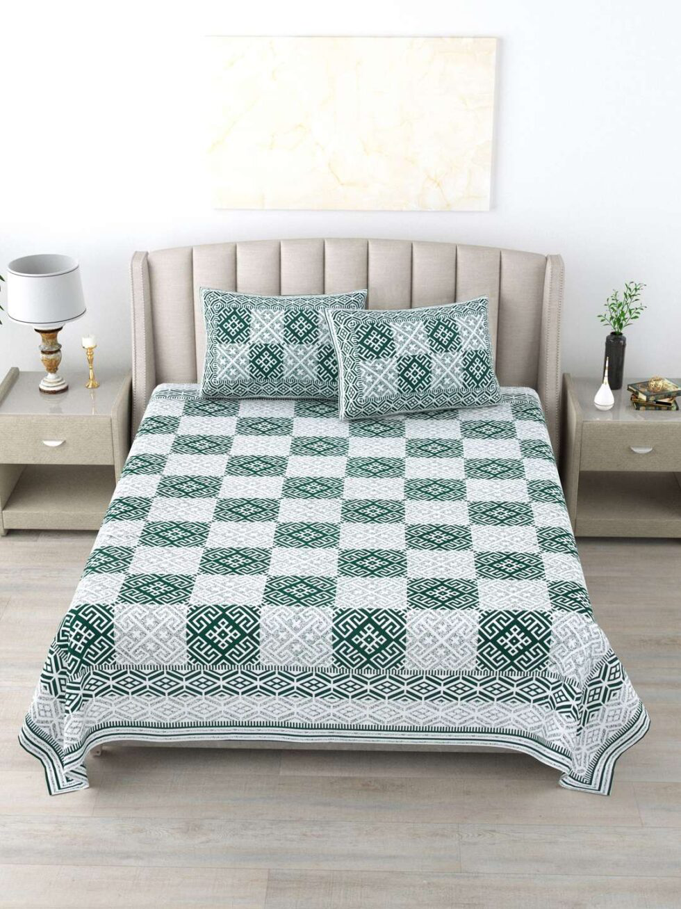 Handmade Cotton Double Bedsheet with Pillow Covers – Green & White Block Print | Indian Ethnic Bedding Set for King/Queen Size | Artisan Home Décor (BLACKLUXE CRAFTS) - BLACKLUXECRAFTS