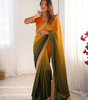 Handmade Indian Ombre Saree – Yellow & Green Gradient Silk Blend with Golden Border | Elegant Ethnic Saree for Women (BLACKLUXE CRAFTS)