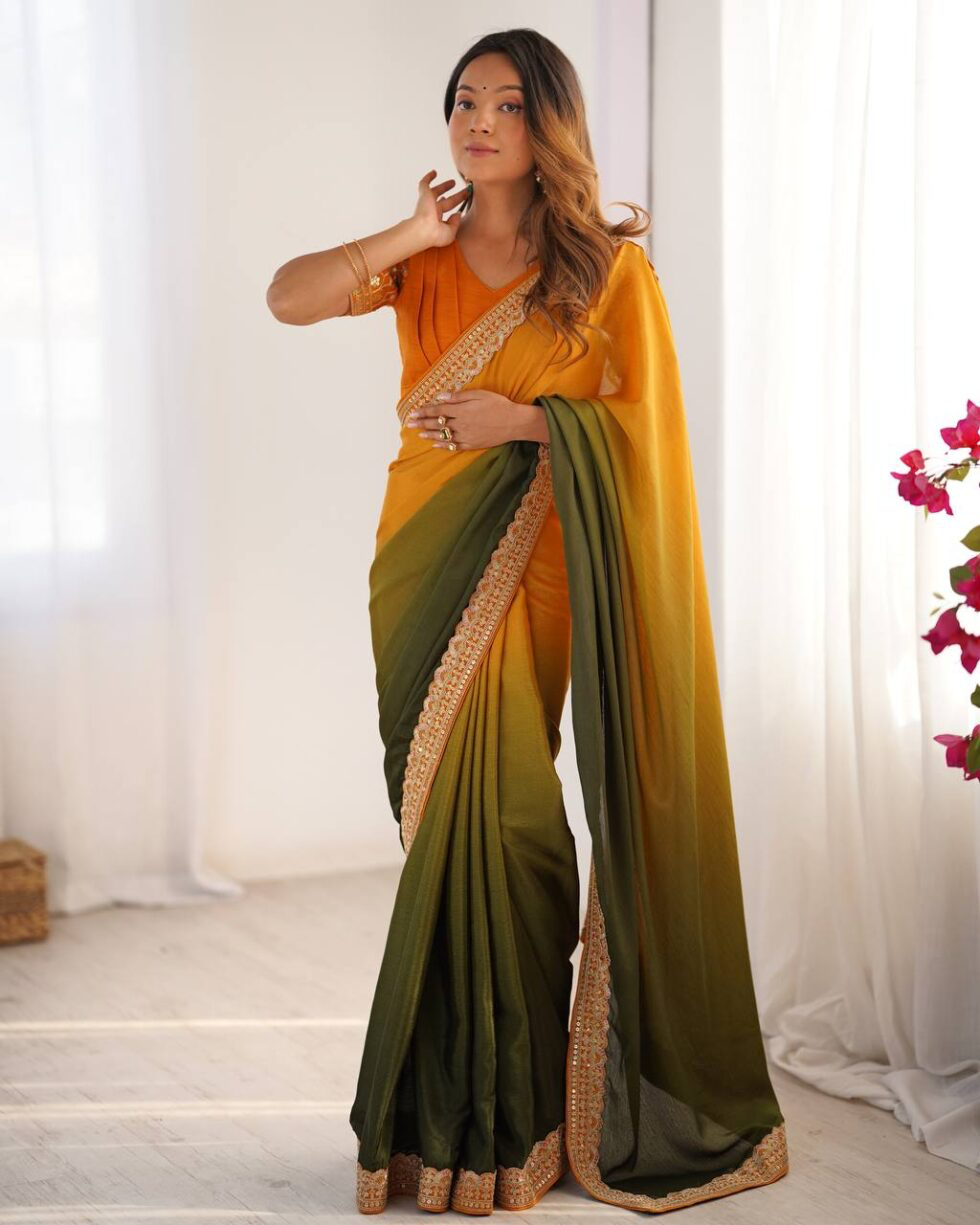 Handmade Indian Ombre Saree – Yellow & Green Gradient Silk Blend with Golden Border | Elegant Ethnic Saree for Women (BLACKLUXE CRAFTS)