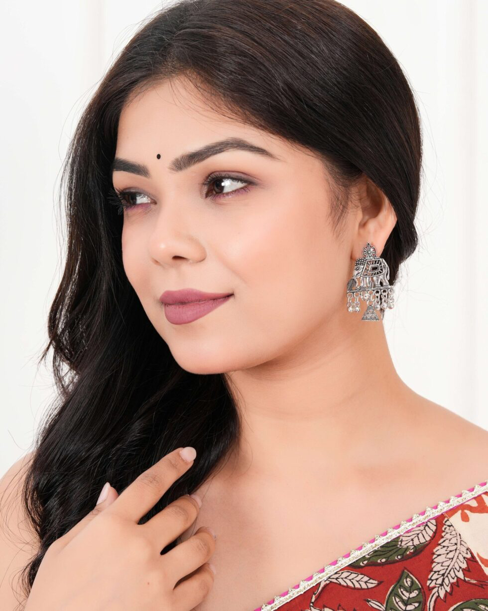 Oxidized Silver Elephant Design Jhumka Earrings Handcrafted Ethnic Indian Jewelry for Women (BLACKLUXE CRAFTS) - BLACKLUXECRAFTS