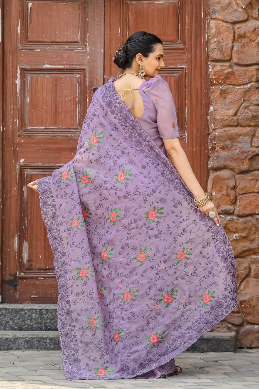 Handmade Lavender Embroidered Saree with Floral Detailing – Elegant Designer Indian Ethnic Wear for Women | Wedding & Party Wear (BLACKLUXE CRAFTS)