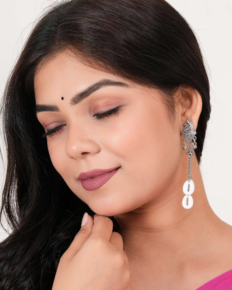Handmade Oxidized Silver Peacock Earrings with Cowrie Shells Boho Ethnic Jewelry for Women (BLACKLUXE CRAFTS) - BLACKLUXECRAFTS