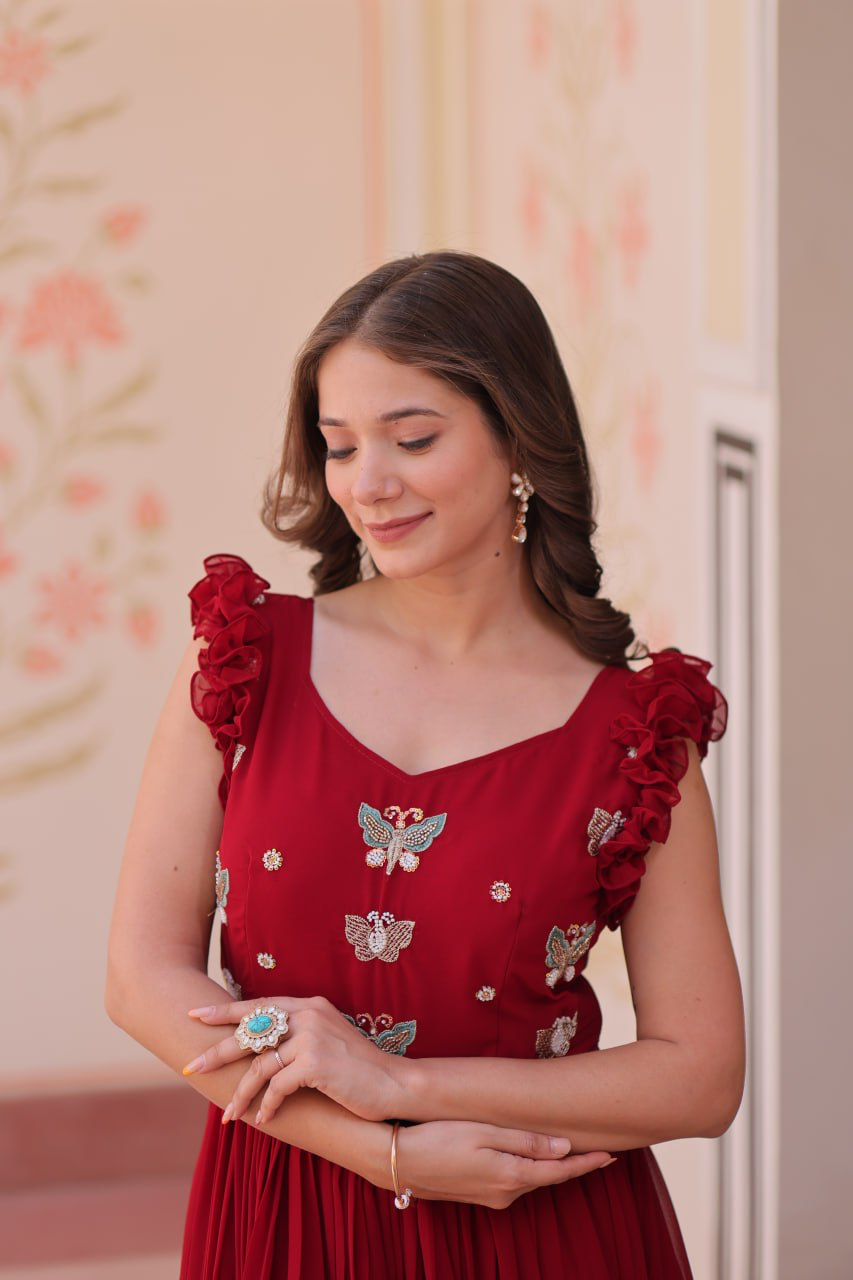 Handmade Red Embroidered Maxi Dress for Women – Elegant Butterfly Design Ethnic Gown | Indian Artisan Boho Evening Wear (BLACKLUXE CRAFTS)