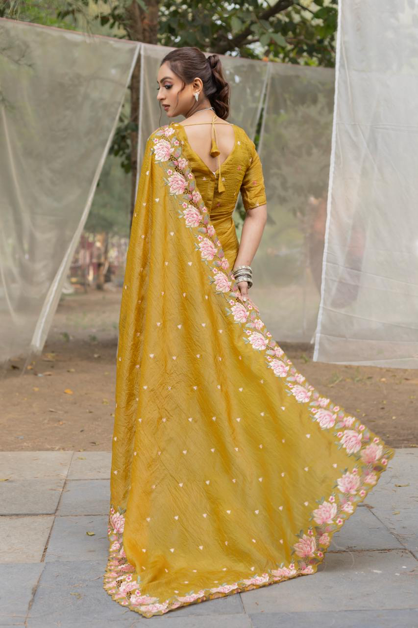 Handmade Mustard Yellow Floral Embroidered Saree | Pure Organza Silk Traditional Indian Sari with Blouse Piece | Elegant Wedding & Party Wear from India (BLACKLUXE CRAFTS)