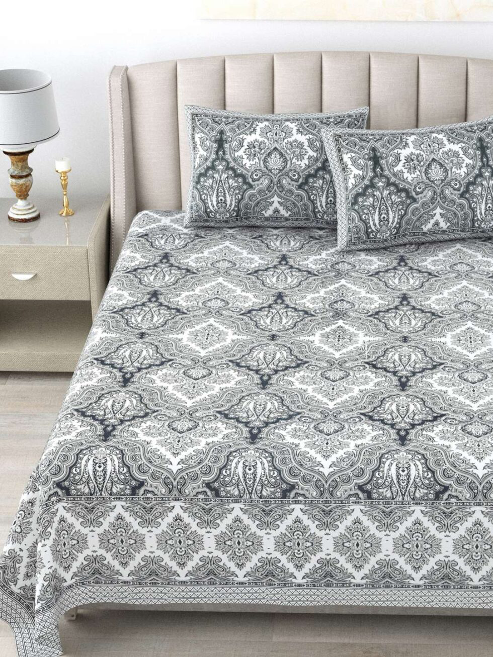 Handmade Cotton Bed Sheet with Pillow Covers – Black & White Paisley Block Print, Queen Size, Ethnic Indian Bedding Set (BLACKLUXE CRAFTS) - BLACKLUXECRAFTS