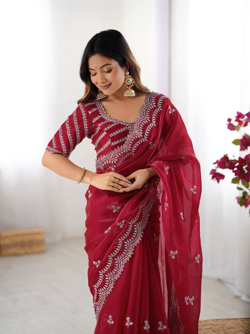 Handmade Red Georgette Saree with White Embroidery – Indian Ethnic Bridal & Party Wear – Elegant Designer Sari for Women Worldwide (BLACKLUXE CRAFTS)
