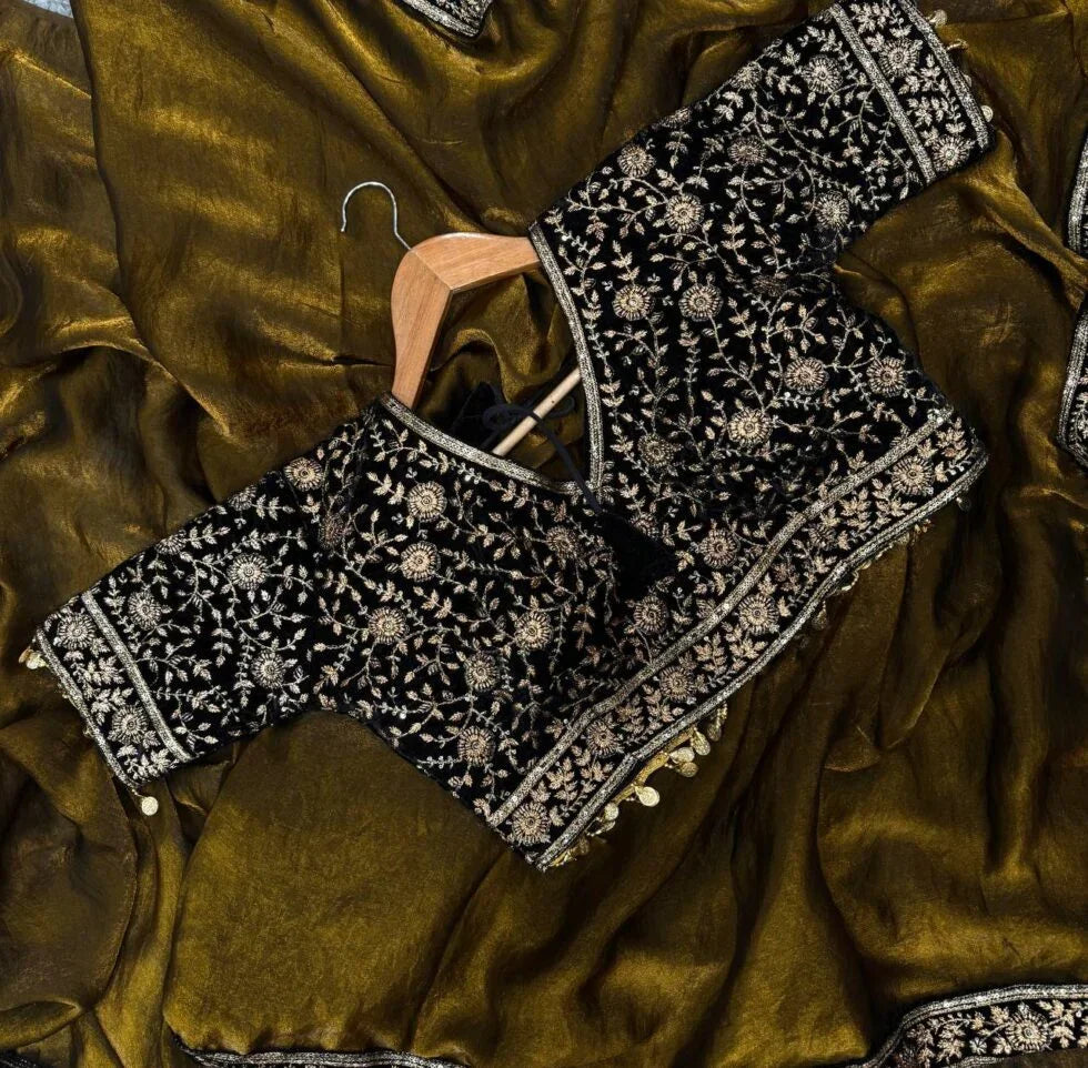 Women’s Luxe Olive-Gold Silk Saree with Heavily Embellished Blouse & Border – Ideal for Evening, Wedding & Reception Wear (BLACK LUXE CRAFTS) - BLACKLUXECRAFTS