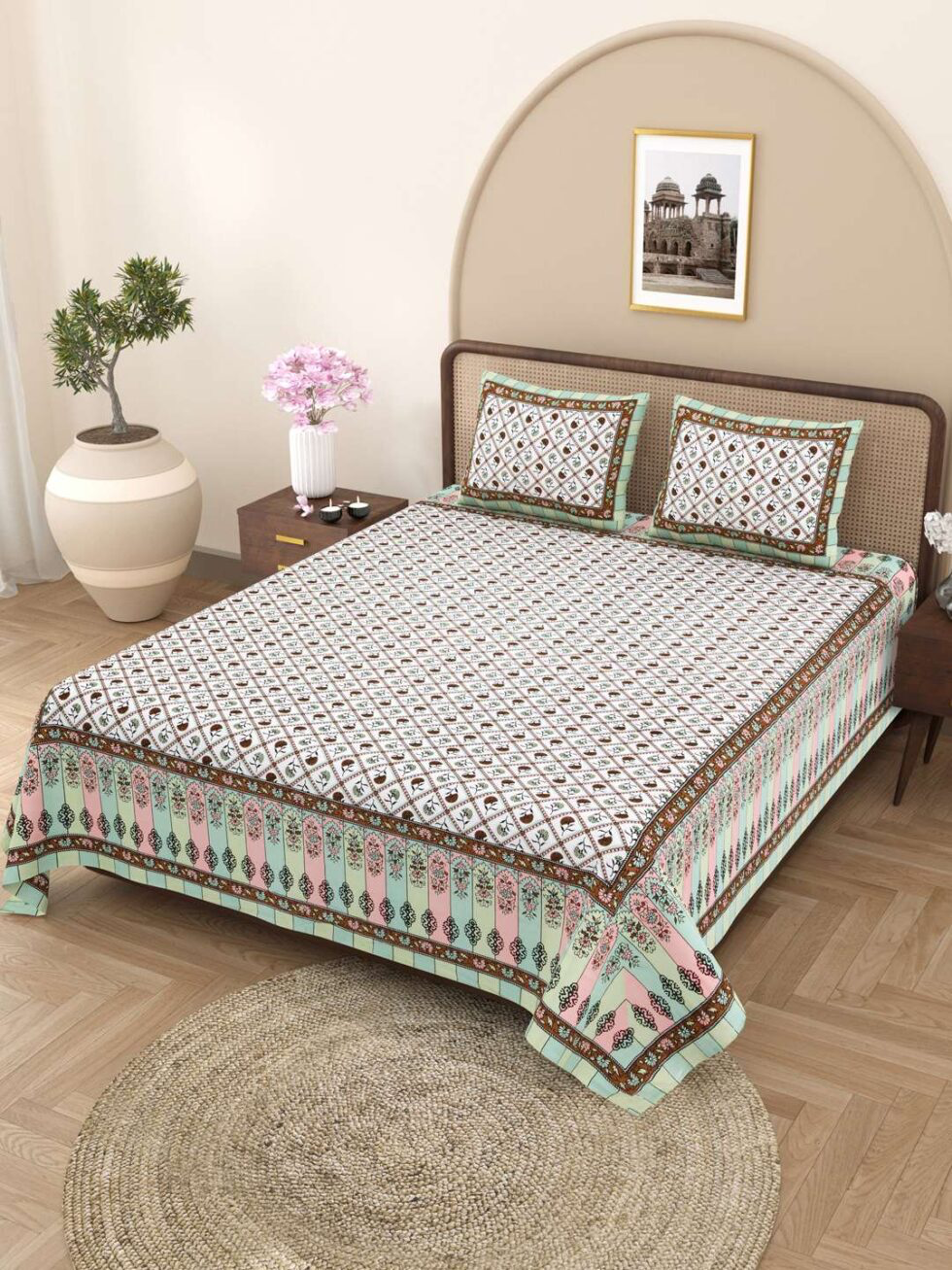 Handmade Cotton Bedsheet with Pillow Covers – Traditional Indian Block Print, Queen Size Bedspread, Soft & Breathable, Made in India (BLACKLUXE CRAFTS) - BLACKLUXECRAFTS