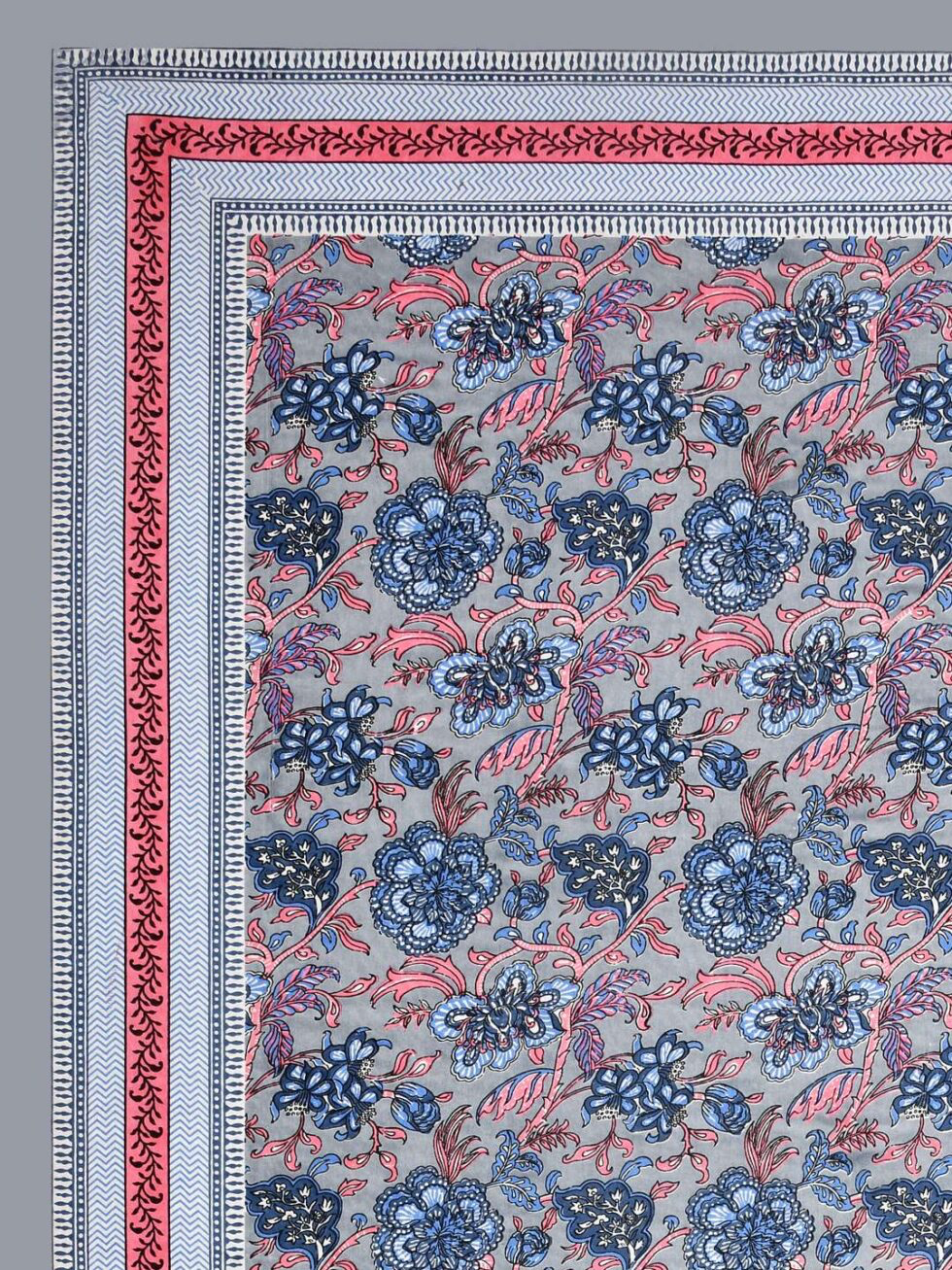 Handmade Cotton Floral Block Print Bed Sheet Set with Pillow Covers – King Size Indian Jaipuri Bedsheet – Grey Blue Traditional Handcrafted Bedding (BLACKLUXE CRAFTS) - BLACKLUXECRAFTS