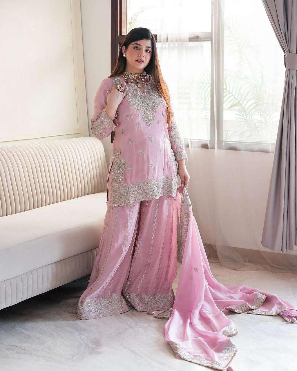 Women's Chinon Silk Embroidered Kurti With Sharara & Dupatta Set with Rivet Moti Work (BLACKLUXE CRAFTS) - BLACKLUXECRAFTS