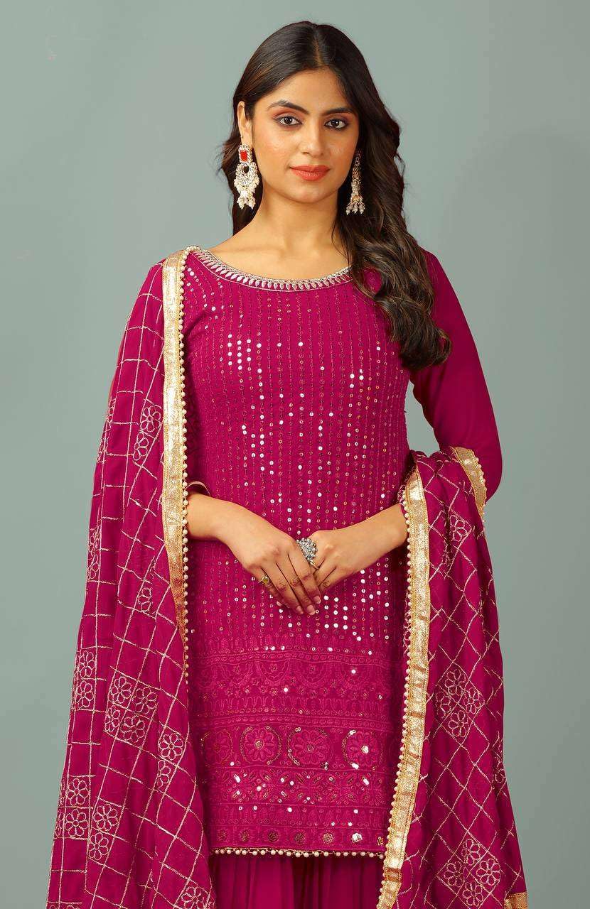 Georgette Sharara Suit with Mirror Work & Embroidered Dupatta | Party Wear Indian Ethnic Set (BLACKLUXE CRAFTS) - BLACKLUXECRAFTS
