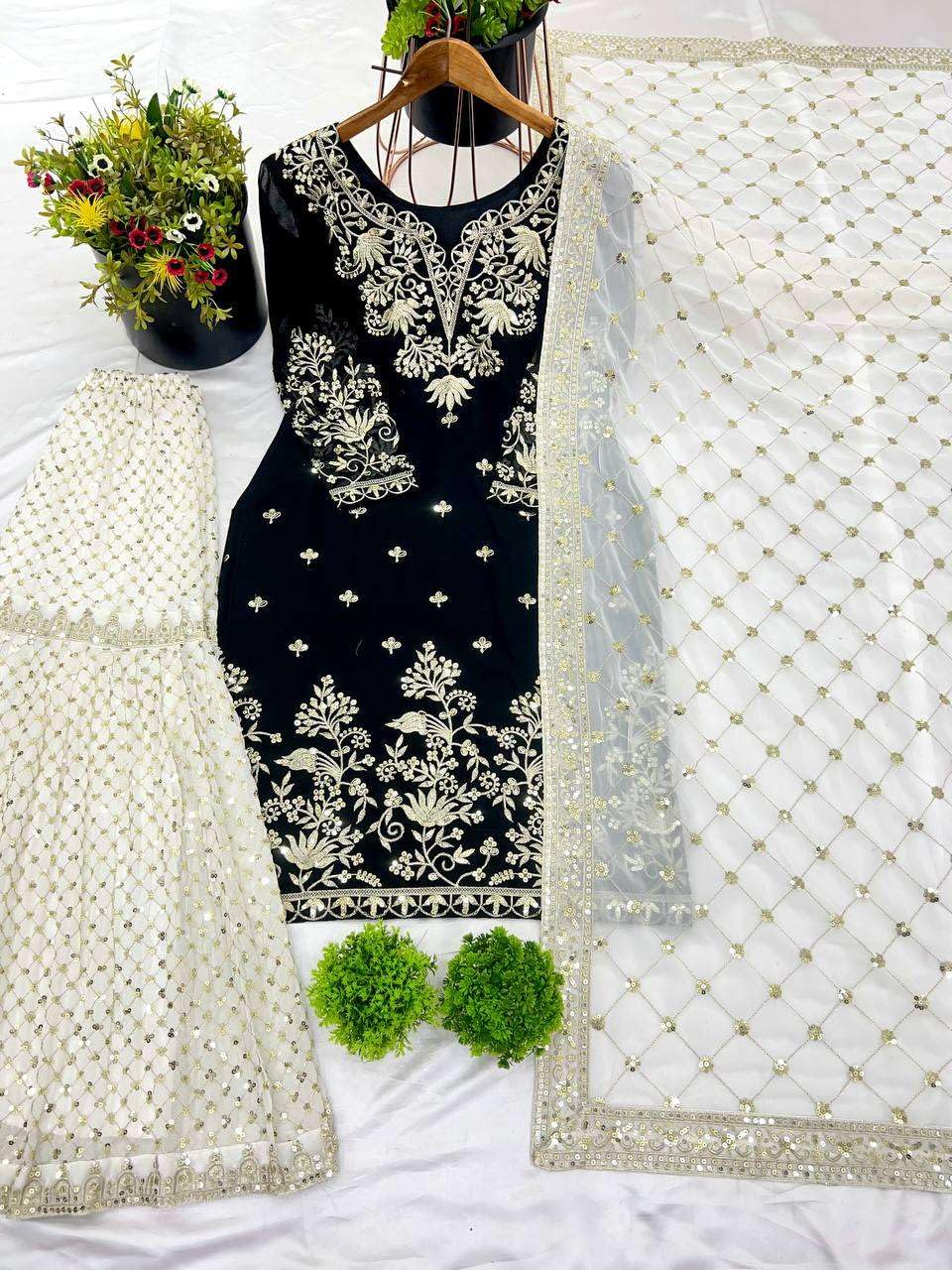 Women's Faux Georgette Embroidered Kurti With Sharara & Dupatta Set with Lace Border (BLACKLUXE CRAFTS) - BLACKLUXECRAFTS