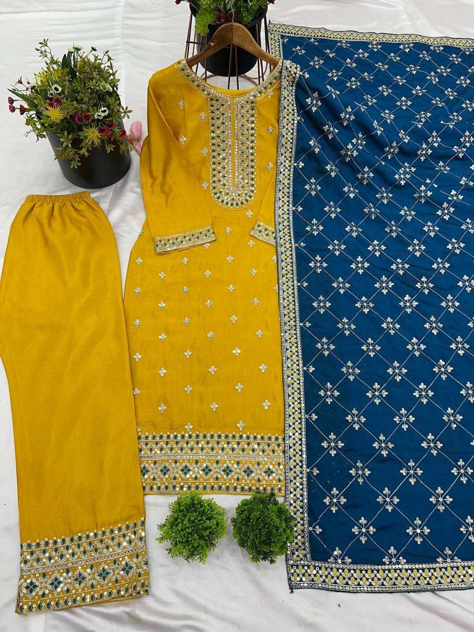 Women's Chinnon Silk Embroidered Straight Kurti with Pant & Dupatta Set (BLACKLUXE CRAFTS) - BLACKLUXECRAFTS