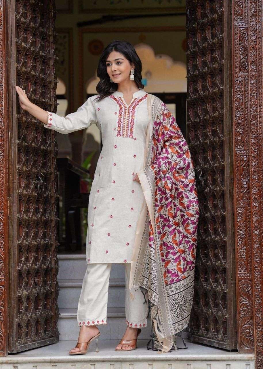 Women's Cotton Embroidered Straight Kurti With Pant and Dupatta Set (BLACKLUXE CRAFTS) - BLACKLUXECRAFTS