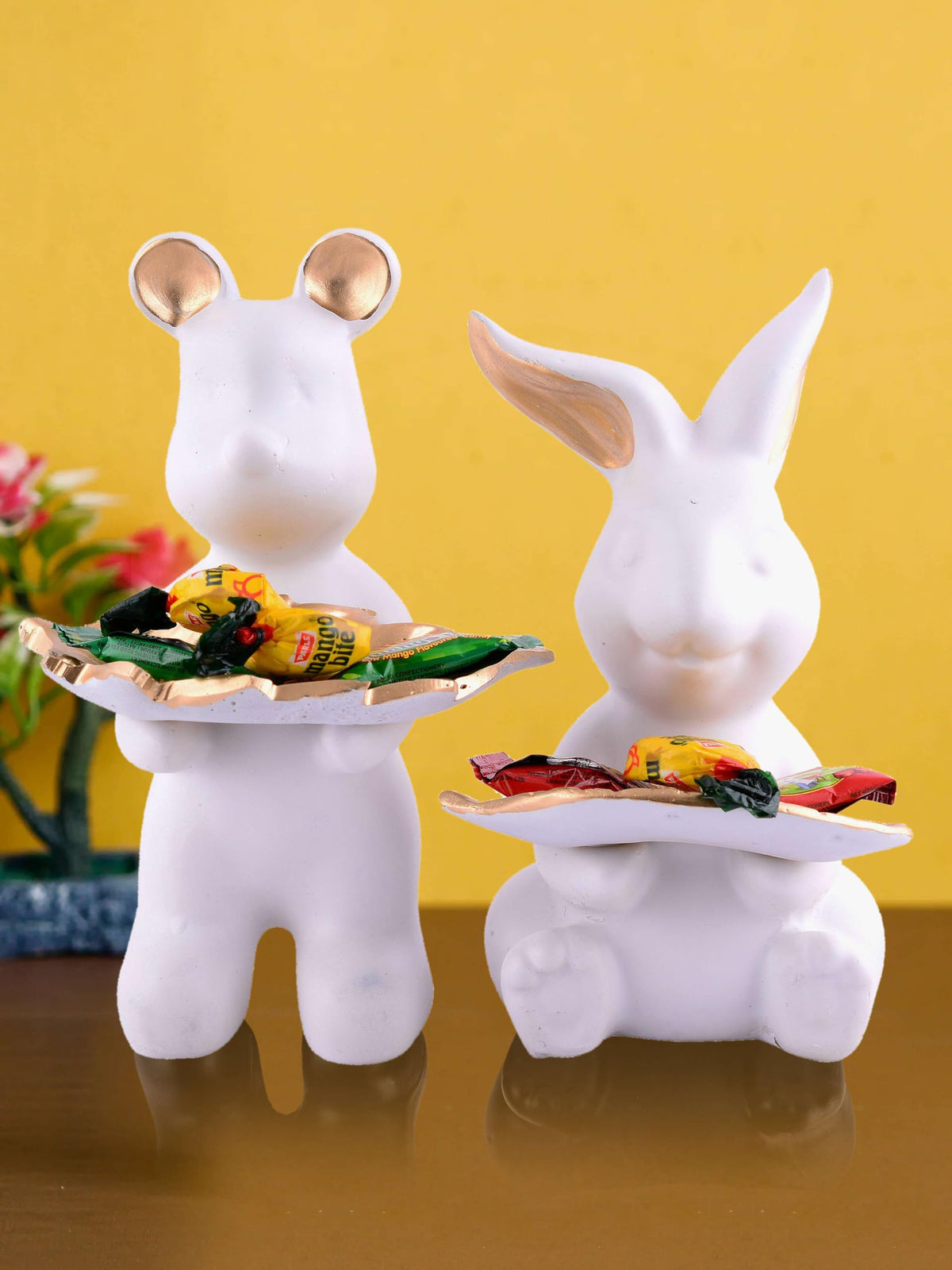Handmade Resin Animal Candy Holder Set – White Bunny & Bear Decorative Snack Tray | Unique Home Decor & Tabletop Gift from India (BLACKLUXE CRAFTS) - BLACKLUXECRAFTS