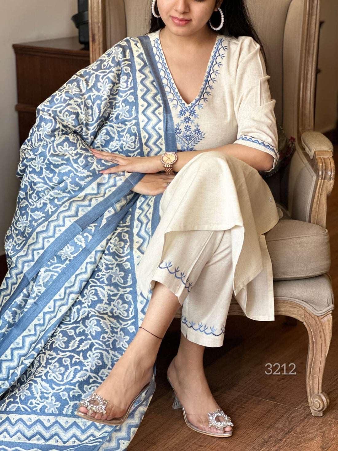Elegant Cream Kurta Set with Blue Embroidery & Printed Dupatta | Women’s Ethnic Wear (BLACKLUXE CRAFTS) - BLACKLUXECRAFTS