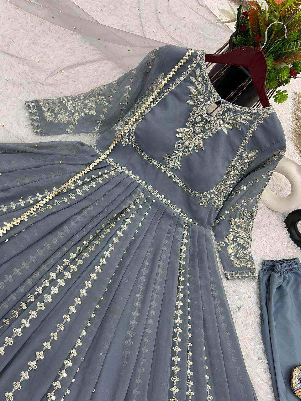 Women's Faux Georgette Embroidered Sequence Work Anarkali Kurti Gown with Net Dupatta (BLACKLUXE CRAFTS) - BLACKLUXECRAFTS