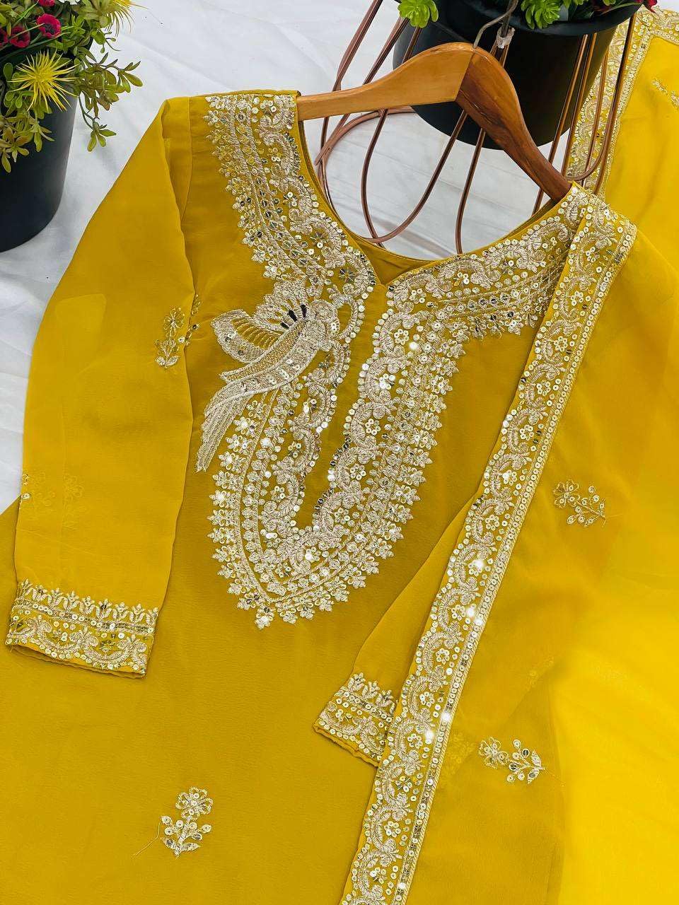 Women's Faux Georgette Embroidered Straight Kurti with Palazzo & Dupatta Set (BLACKLUXE CRAFTS) - BLACKLUXECRAFTS