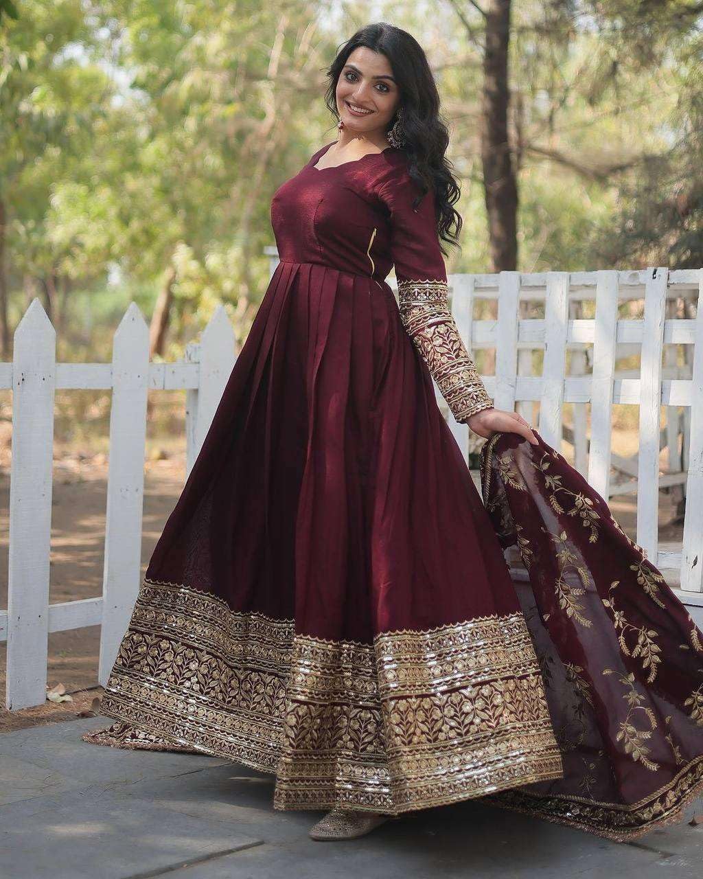 Maroon Anarkali Gown with Heavy Golden Embroidery & Dupatta | Designer Indian Pakistani Wedding Dress for Women (BLACKLUXE CRAFTS) - BLACKLUXECRAFTS