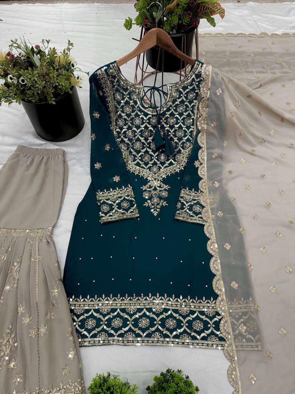 Teal Embroidered Sharara Suit with Dupatta | Designer Party Wear Outfit for Women | Traditional Indian Wedding & Festive Dress (BLACKLUXE CRAFTS) - BLACKLUXECRAFTS
