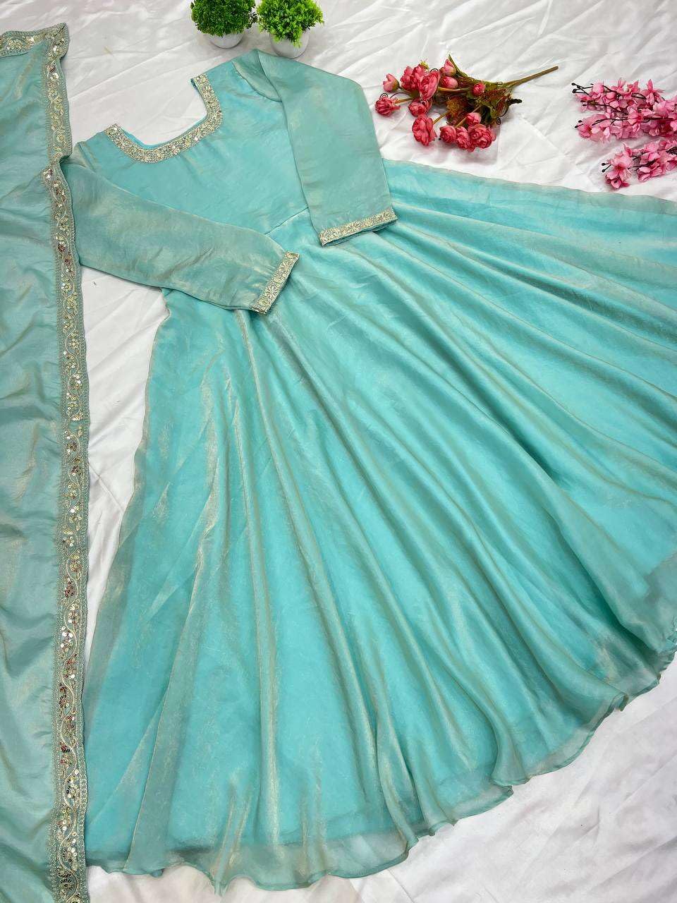 Women's Fandy Silk Embroidered Anarkali Kurti Gown With Dupatta Set (BLACKLUXE CRAFTS) - BLACKLUXECRAFTS