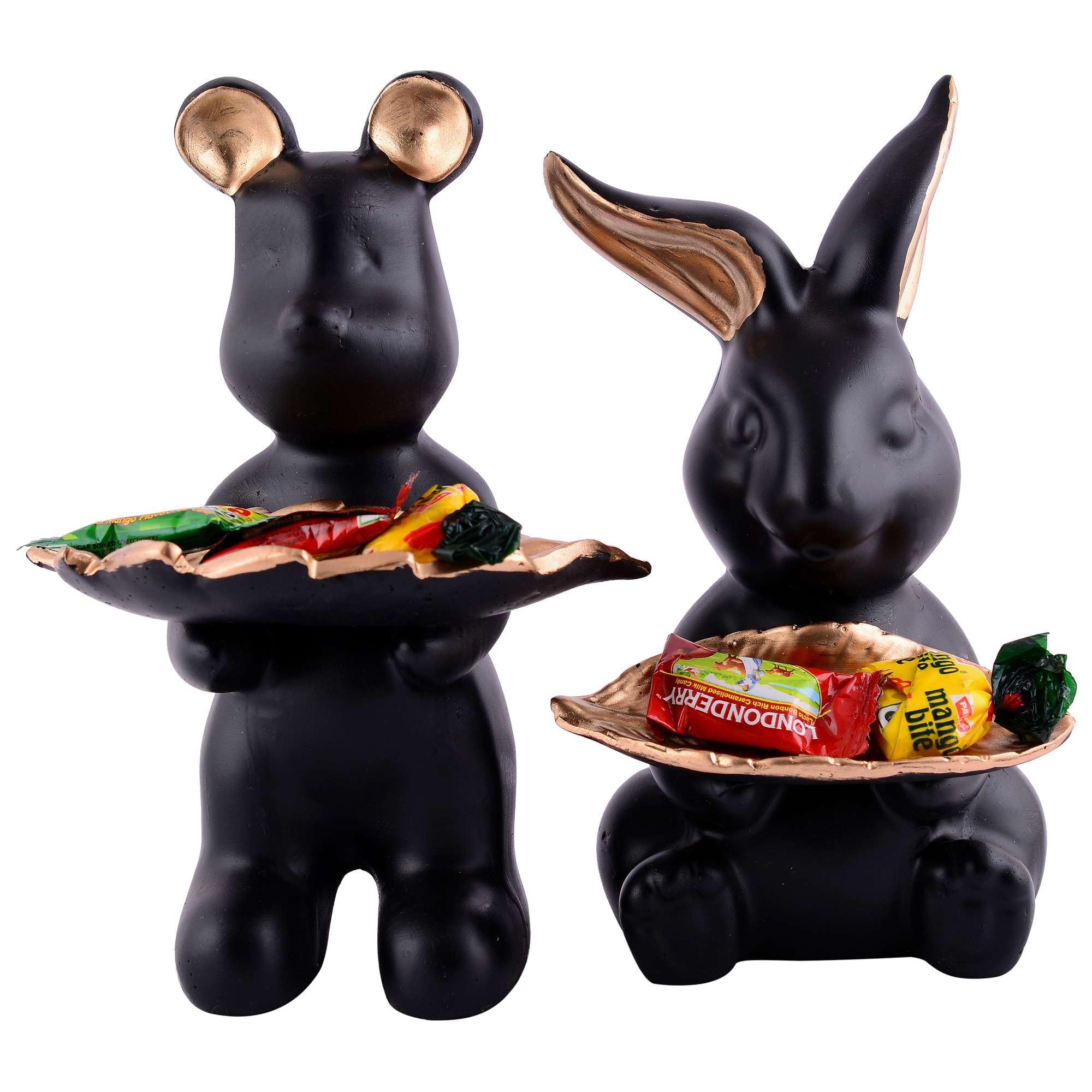 Handmade Resin Animal Candy Holder Set – Black Bunny & Bear Decorative Snack Tray | Modern Home Decor & Tabletop Gift from India (BLACKLUXE CRAFTS) - BLACKLUXECRAFTS