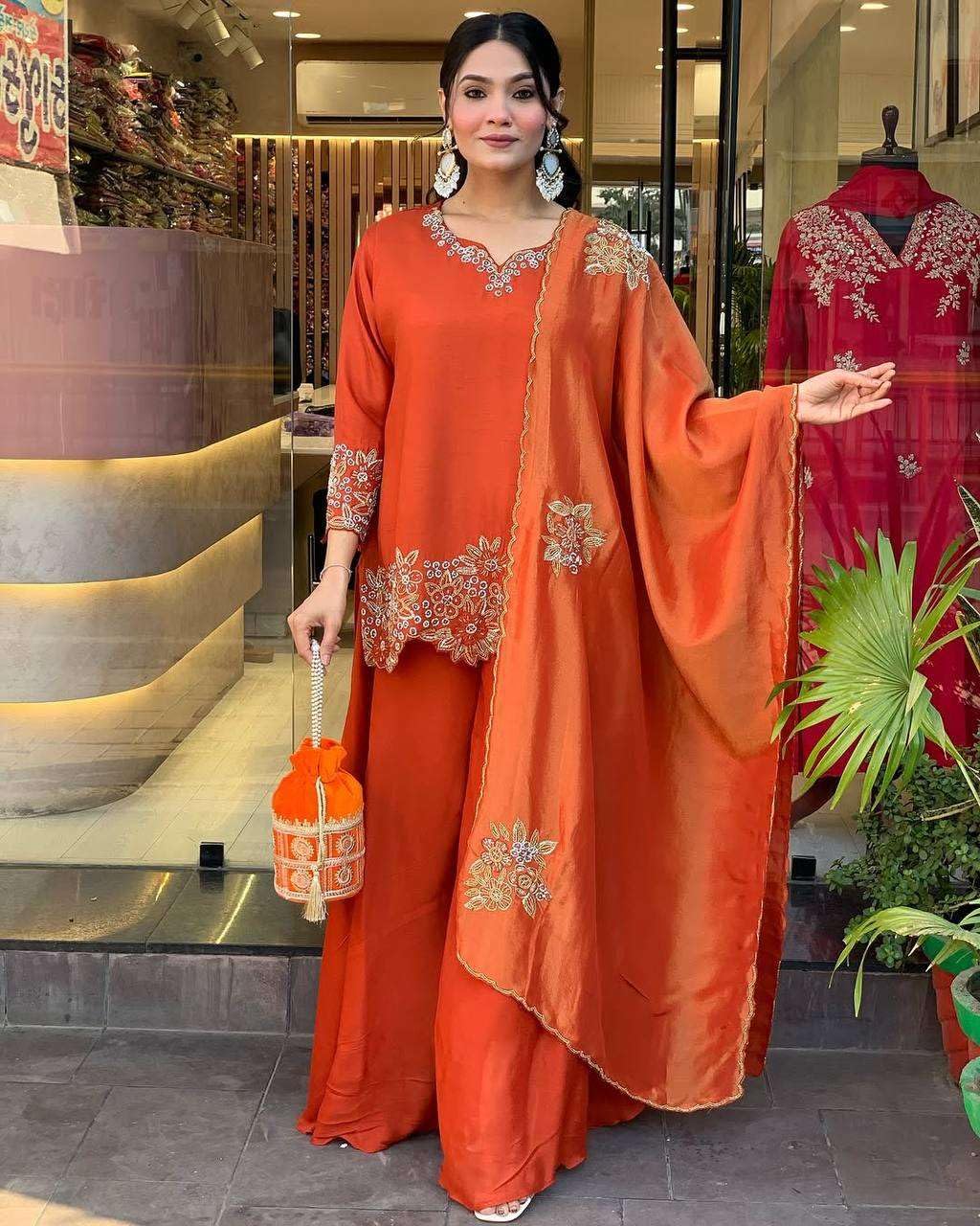 Women’s Georgette Embroidered Kurta with Plazzo and Dupatta Set (BLACKLUXE CRAFTS) - BLACKLUXECRAFTS