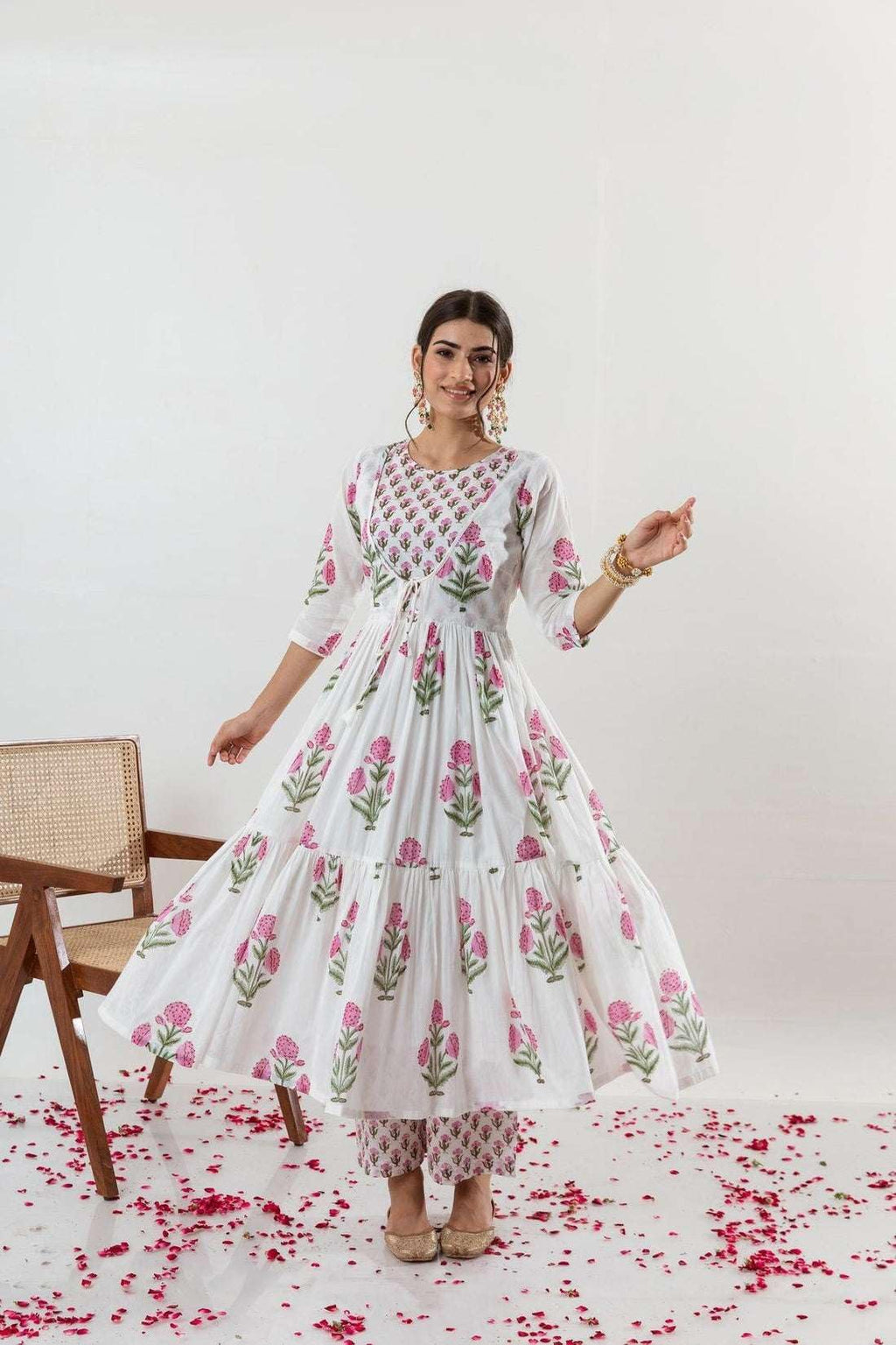 Women's Cotton Floral Printed Long Anarkali Kurti with Pant and Dupatta - BLACKLUXECRAFTS