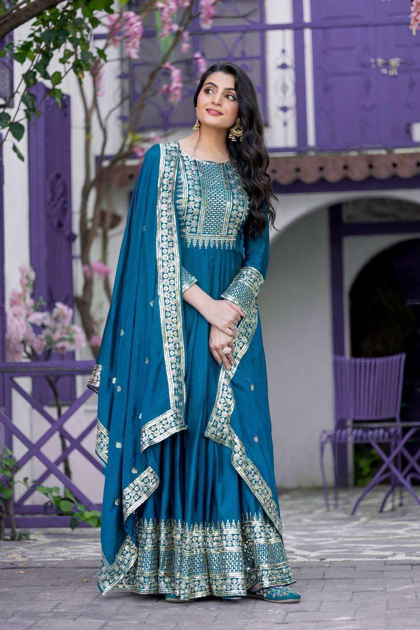 Teal Blue Mirror Embroidered Anarkali Suit with Dupatta – Designer Indian Wedding & Festive Wear Outfit (BLACKLUXE CRAFTS) - BLACKLUXECRAFTS