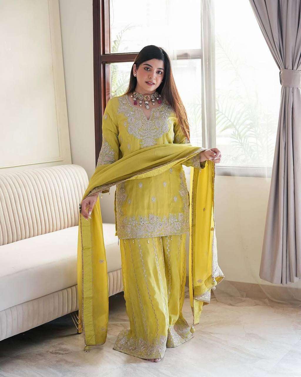 Women's Chinon Silk Embroidered Kurti With Sharara & Dupatta Set with Rivet Moti Work (BLACKLUXE CRAFTS) - BLACKLUXECRAFTS