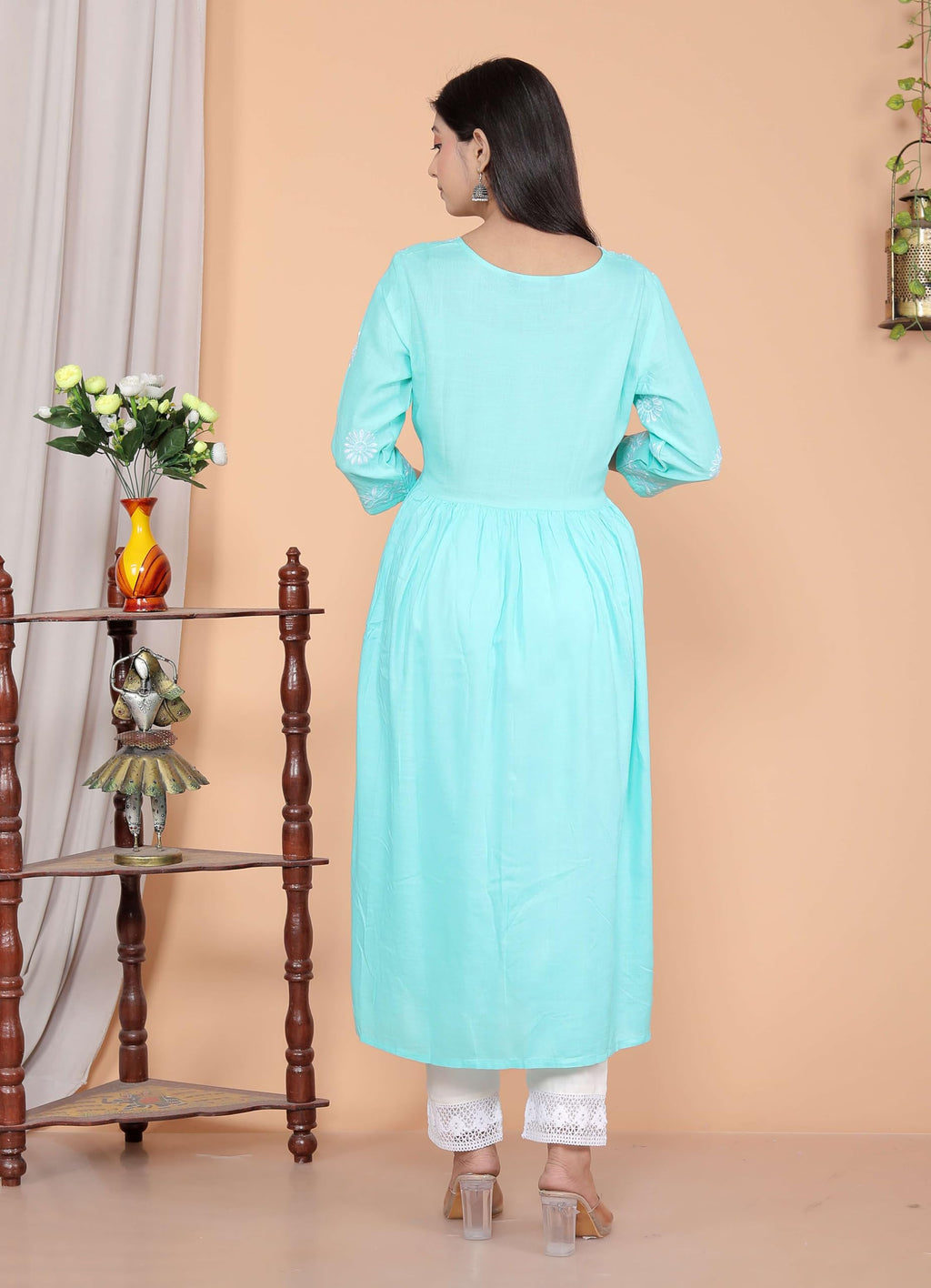 Women's Rayon Embroidered vcut Collar Anarkali Kurti with Pant (Sky Blue) (BLACKLUXE CRAFTS) - BLACKLUXECRAFTS