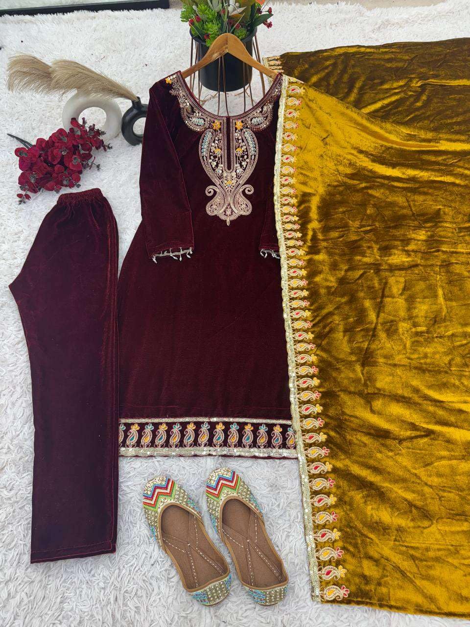 Velvet Embroidered Suit Set with Pink Dupatta – Designer Indian Wedding & Festive Wear Outfit (BLACKLUXE CRAFTS) - BLACKLUXECRAFTS