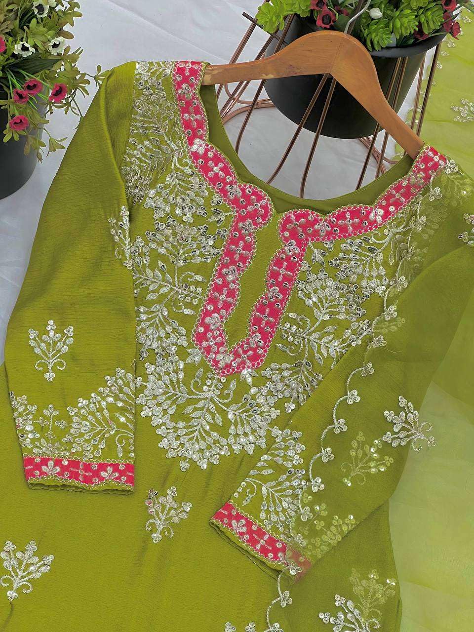 Women's Chinon Silk Embroidered Kurti With Sharara & Dupatta Set with Lace Border (BLACKLUXE CRAFTS) - BLACKLUXECRAFTS
