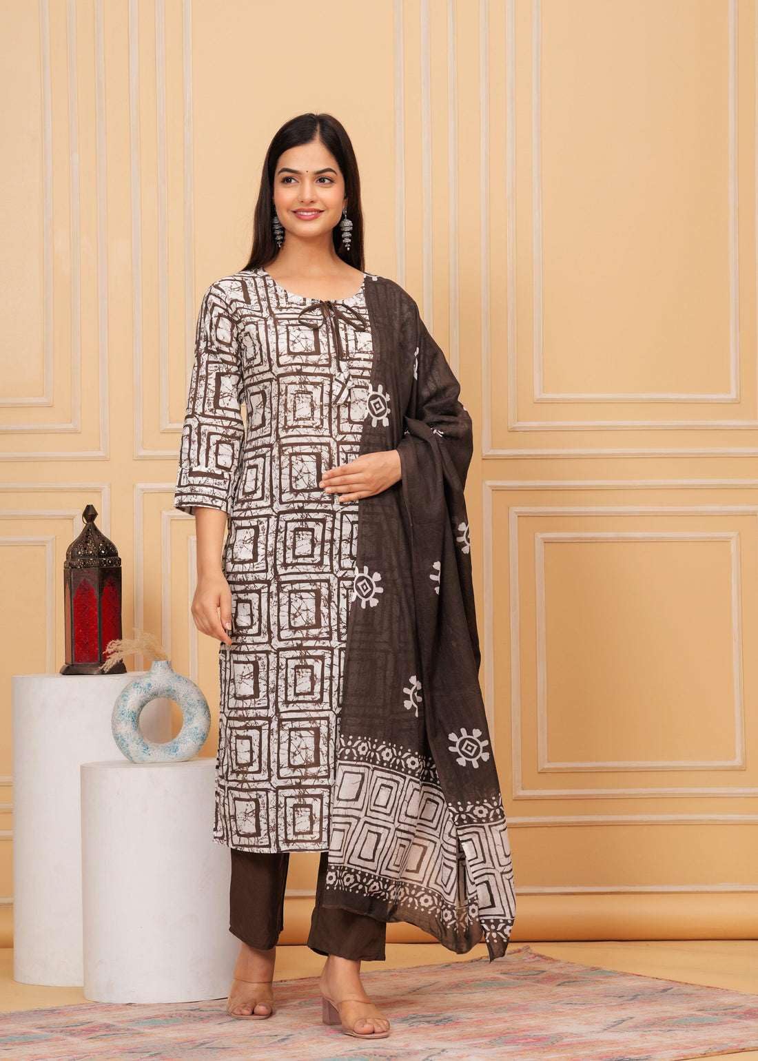 Brown & White Printed Kurta Set with Dupatta | Elegant Ethnic Suit for Women | Cotton Blend Casual & Festive Wear (BLACKLUXE CRAFTS) - BLACKLUXECRAFTS