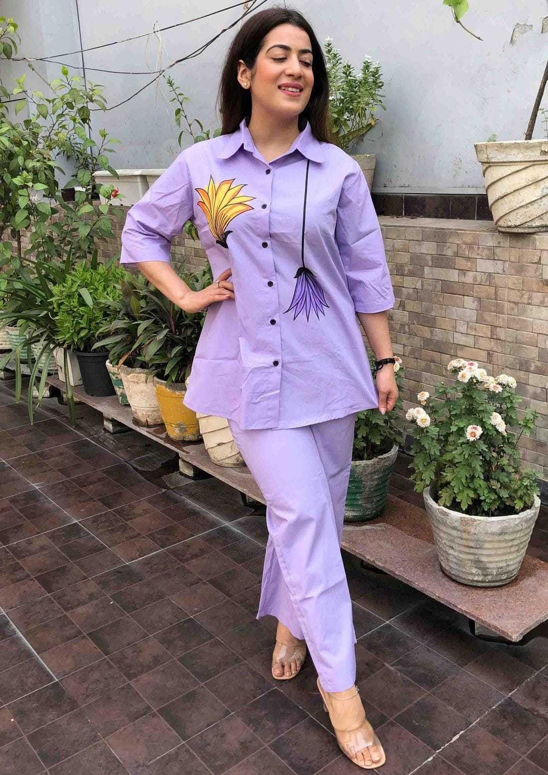 Lavender Floral Co-ord Set for Women | Summer Two-Piece Outfit | Stylish Casual Shirt & Pant Set | Comfortable Cotton Blend
(BLACKLUXE CRAFTS) - BLACKLUXECRAFTS