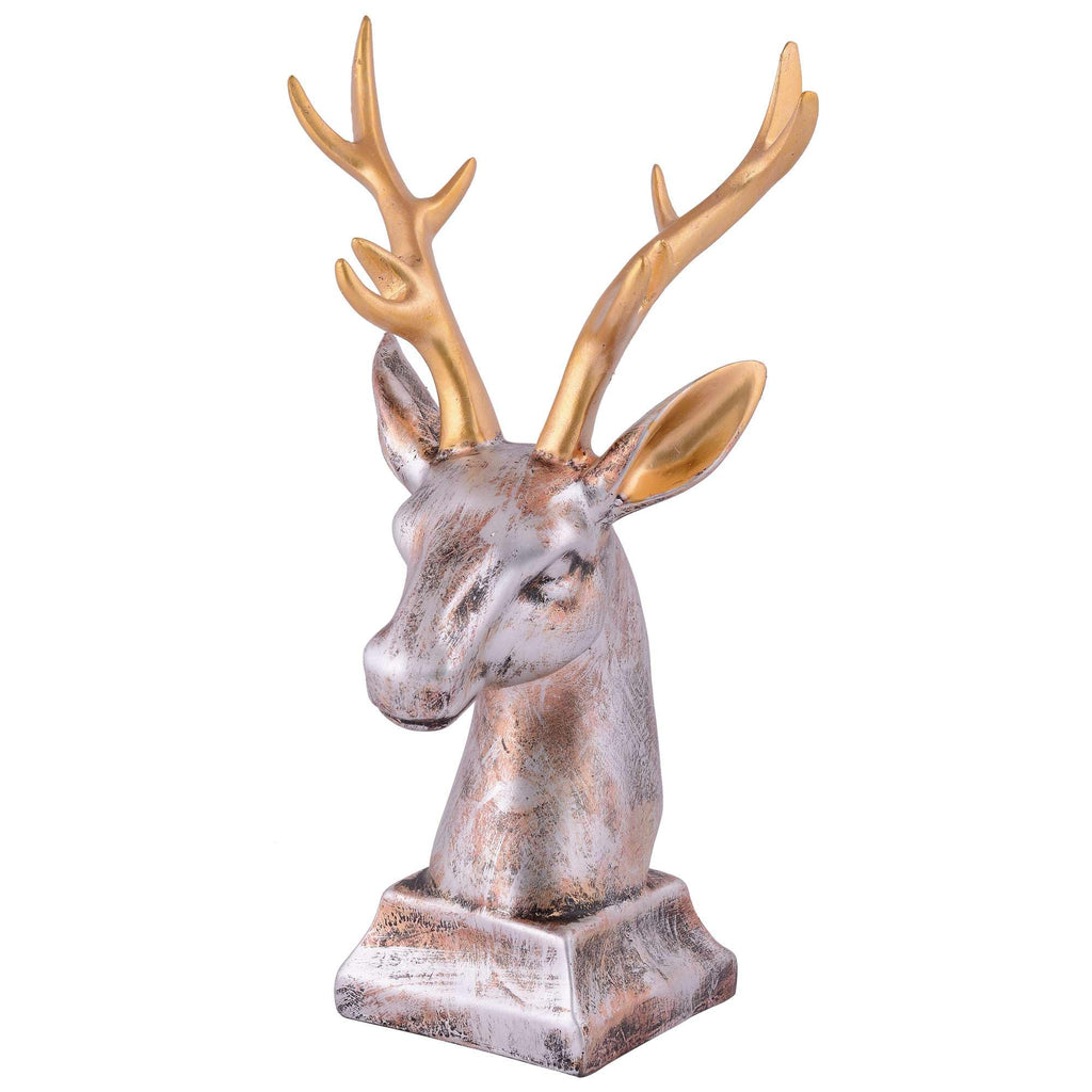 Golden Antler Deer Head Sculpture – Silver Resin Stag Bust Figurine for Home, Office & Luxury Décor (BLACKLUXE CRAFTS) - BLACKLUXECRAFTS