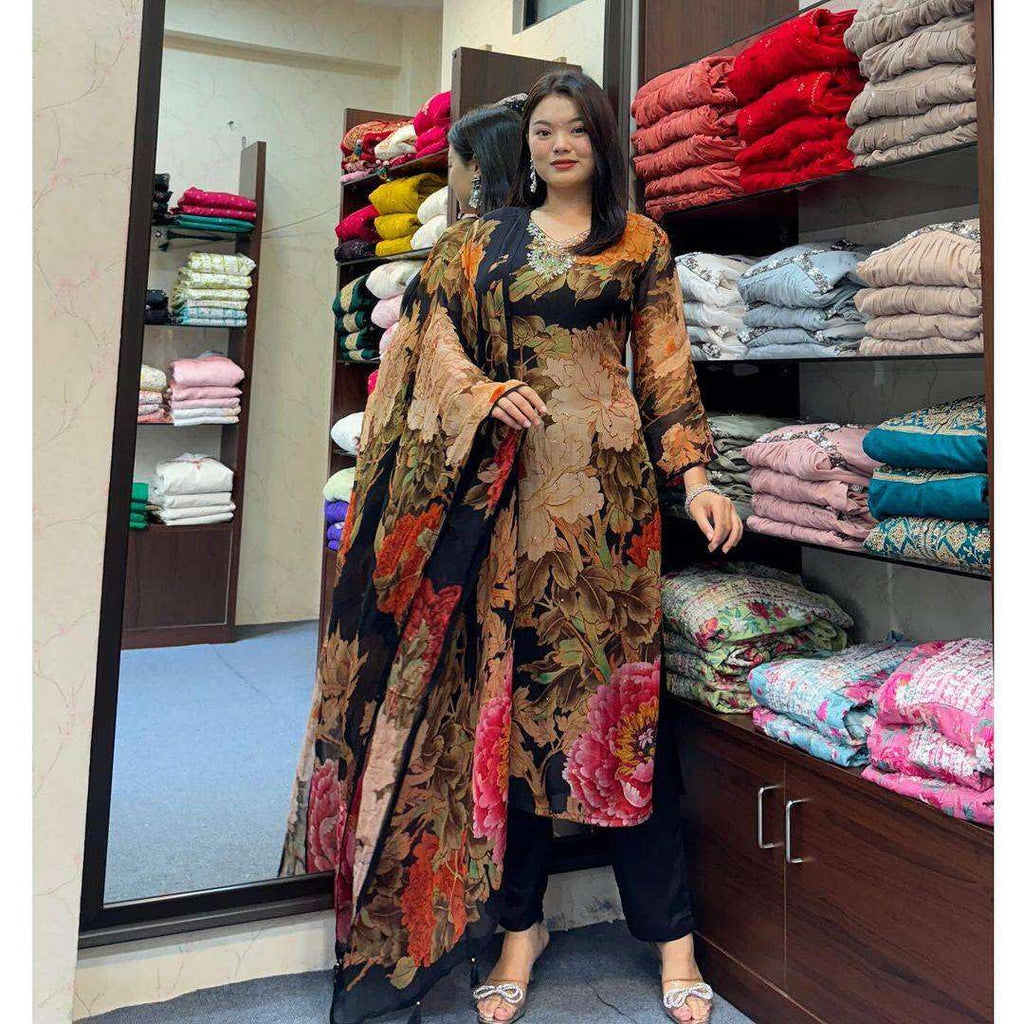 Black Floral Printed Suit Set with Dupatta – Elegant Indian Ethnic Wear for Parties & Festive Occasions (BLACKLUXE CRAFTS) - BLACKLUXECRAFTS