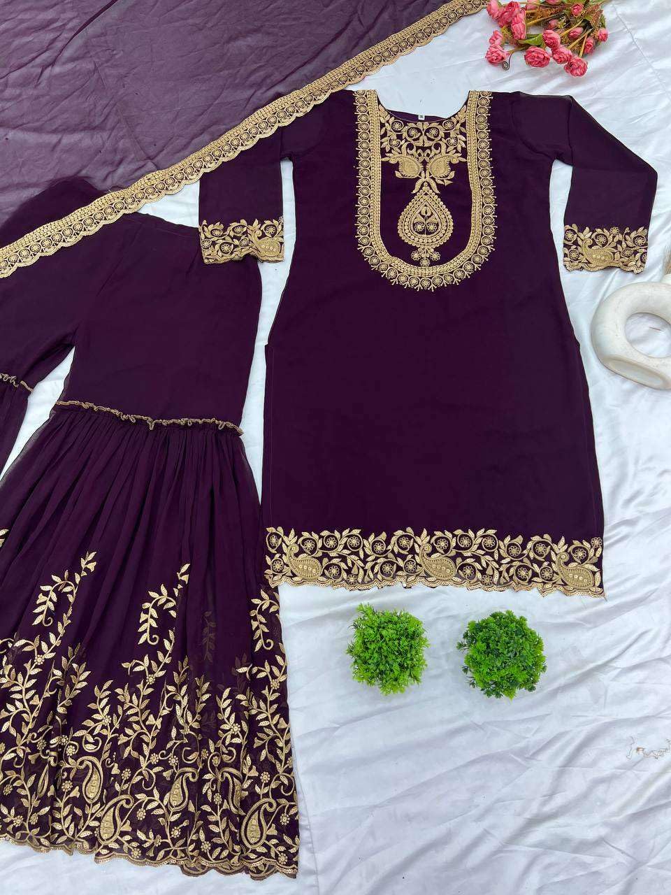 Women's Faux Georgette Ensemble with Embroidery & Sequence Work Kurti With Sharara and Dupatta Set (BLACKLUXE CRAFTS) - BLACKLUXECRAFTS