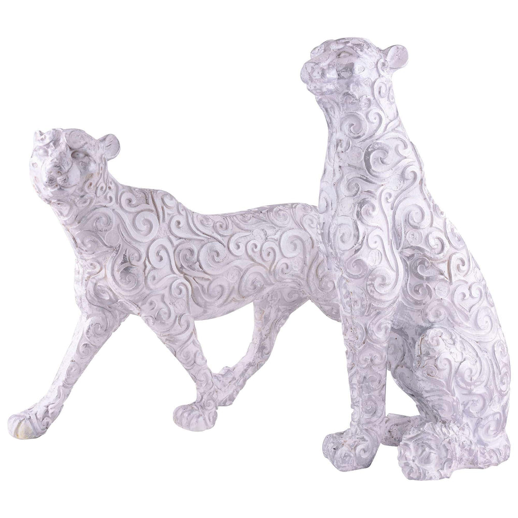 Handmade White Leopard Figurines Set – Elegant Resin Cheetah Statues with Carved Patterns for Luxury Home Décor Set Of Two (BLACKLUXE CRAFTS) - BLACKLUXECRAFTS
