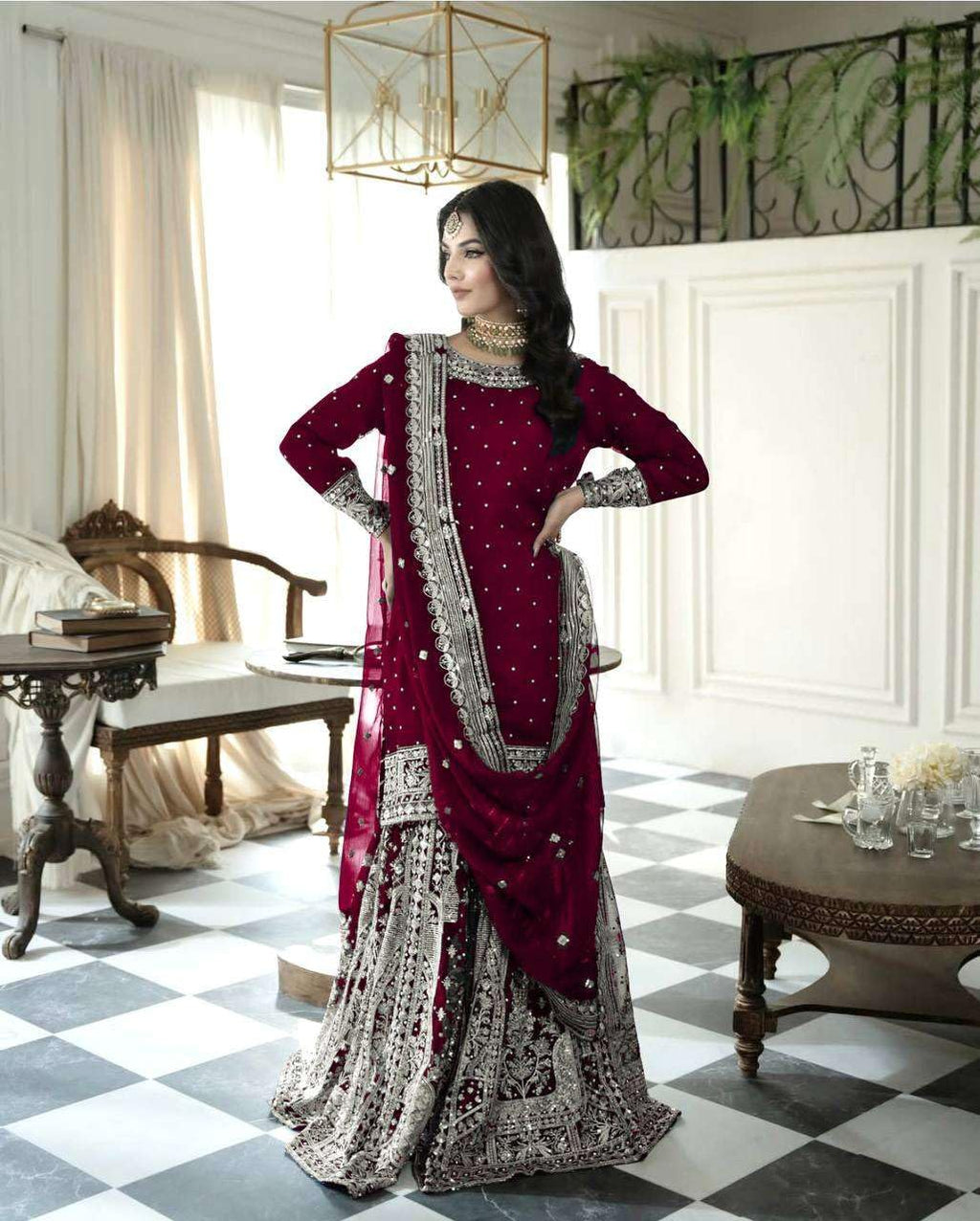 Maroon Sharara Suit with Heavy Silver Embroidery & Dupatta | Bridal & Wedding Wear (BLACKLUXE CRAFTS) - BLACKLUXECRAFTS