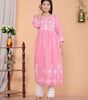 Women's Rayon Embroidered vcut Collar Anarkali Kurti with Pant (Pink) (BLACKLUXE CRAFTS) - BLACKLUXECRAFTS