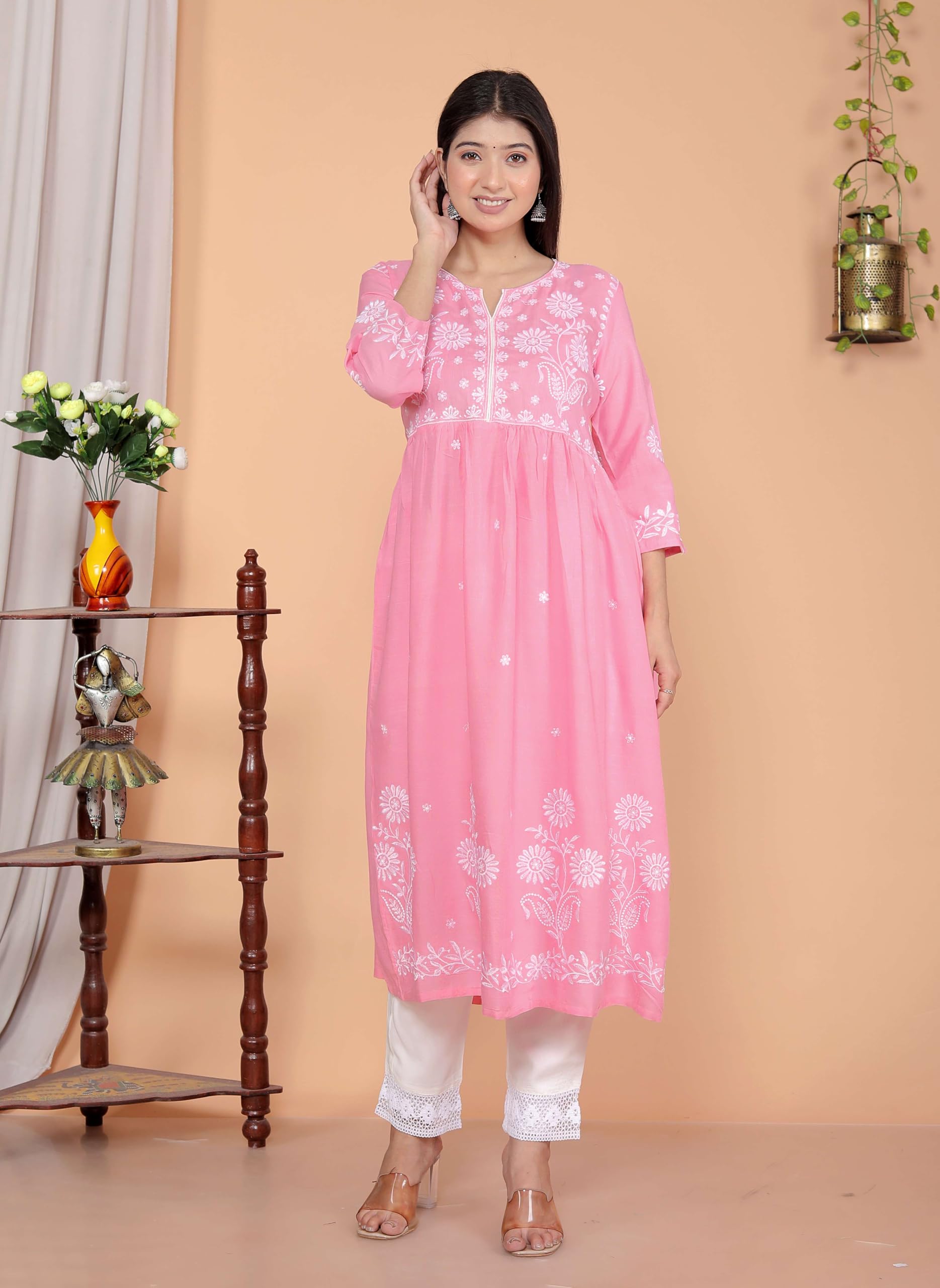 Women's Rayon Embroidered vcut Collar Anarkali Kurti with Pant (Pink) (BLACKLUXE CRAFTS) - BLACKLUXECRAFTS